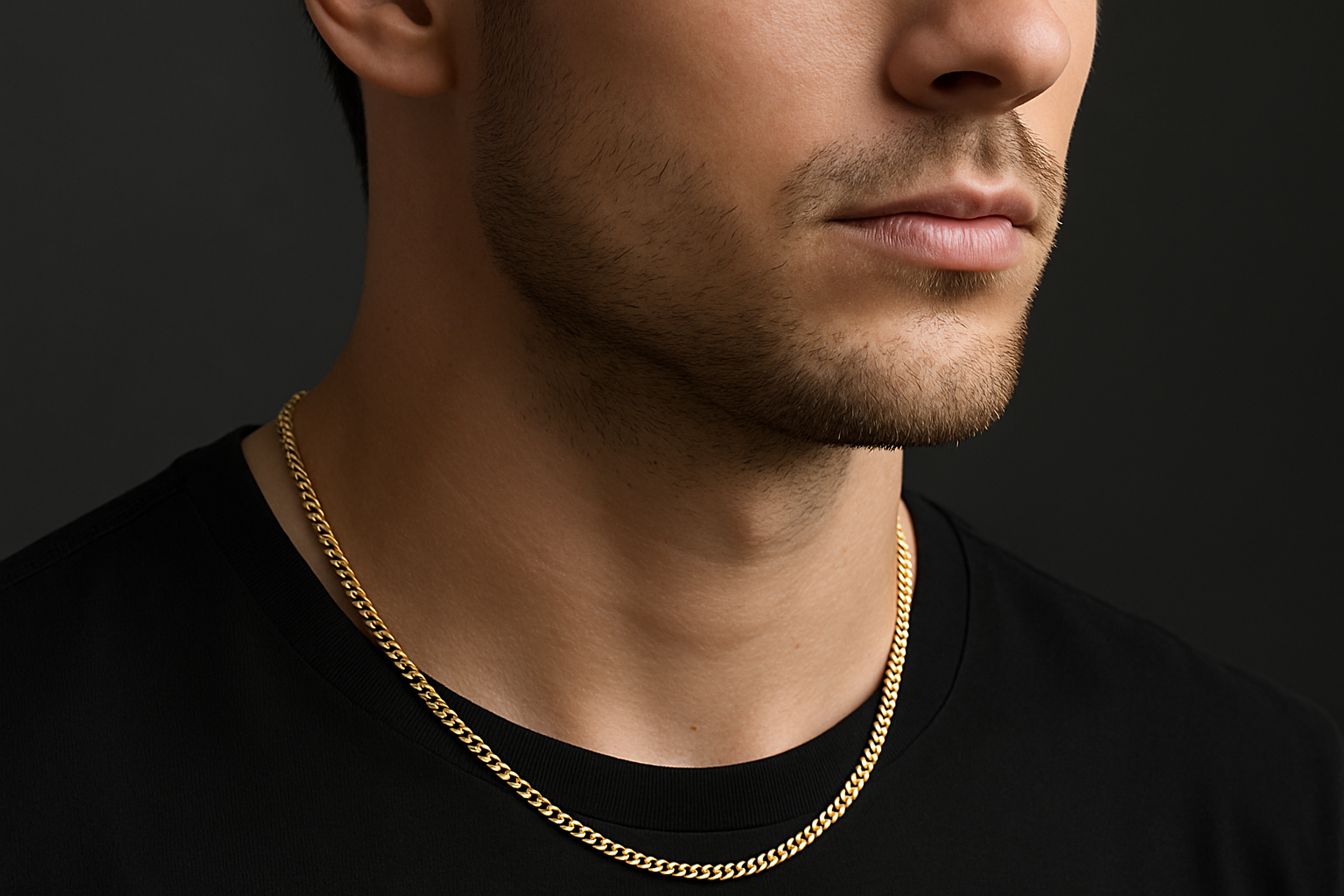 Professional product photograph of a delicate gold curb chain necklace on a young man